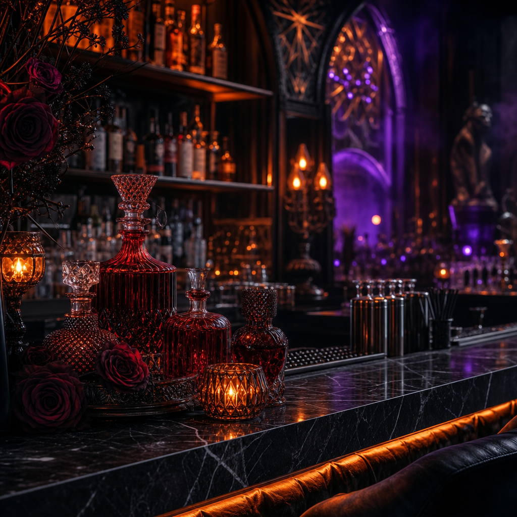 A bar vignette with crimson glass bottles, low amber lighting, and dark marble