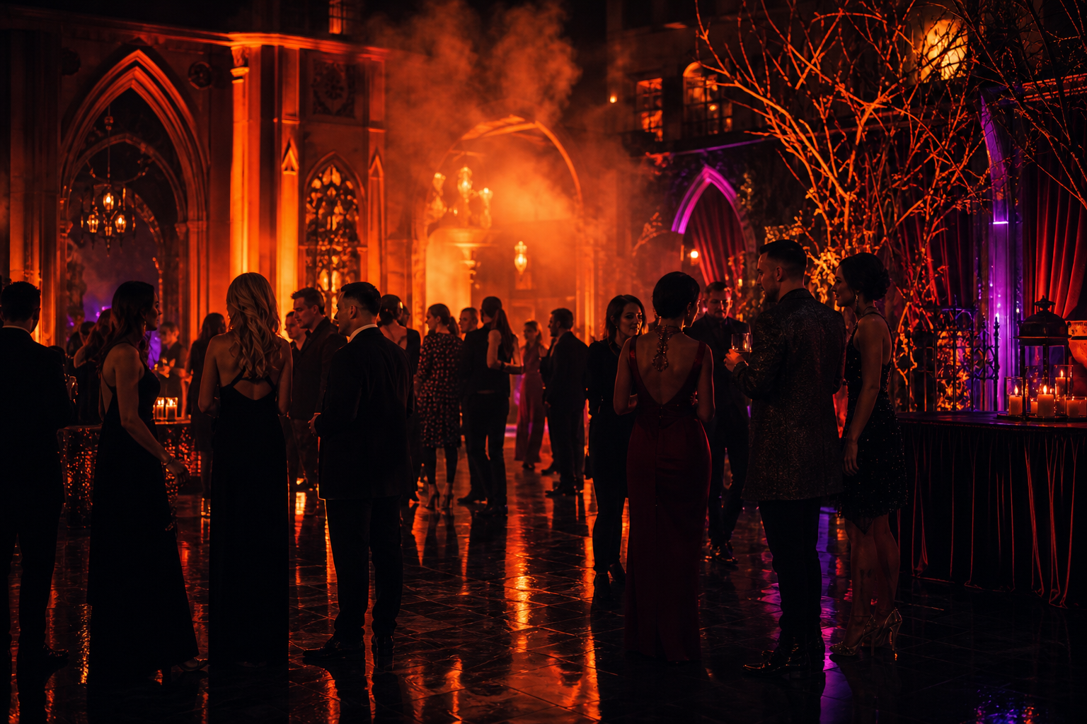 Stylish crowd under electric orange uplighting with dramatic haze and reflective floors