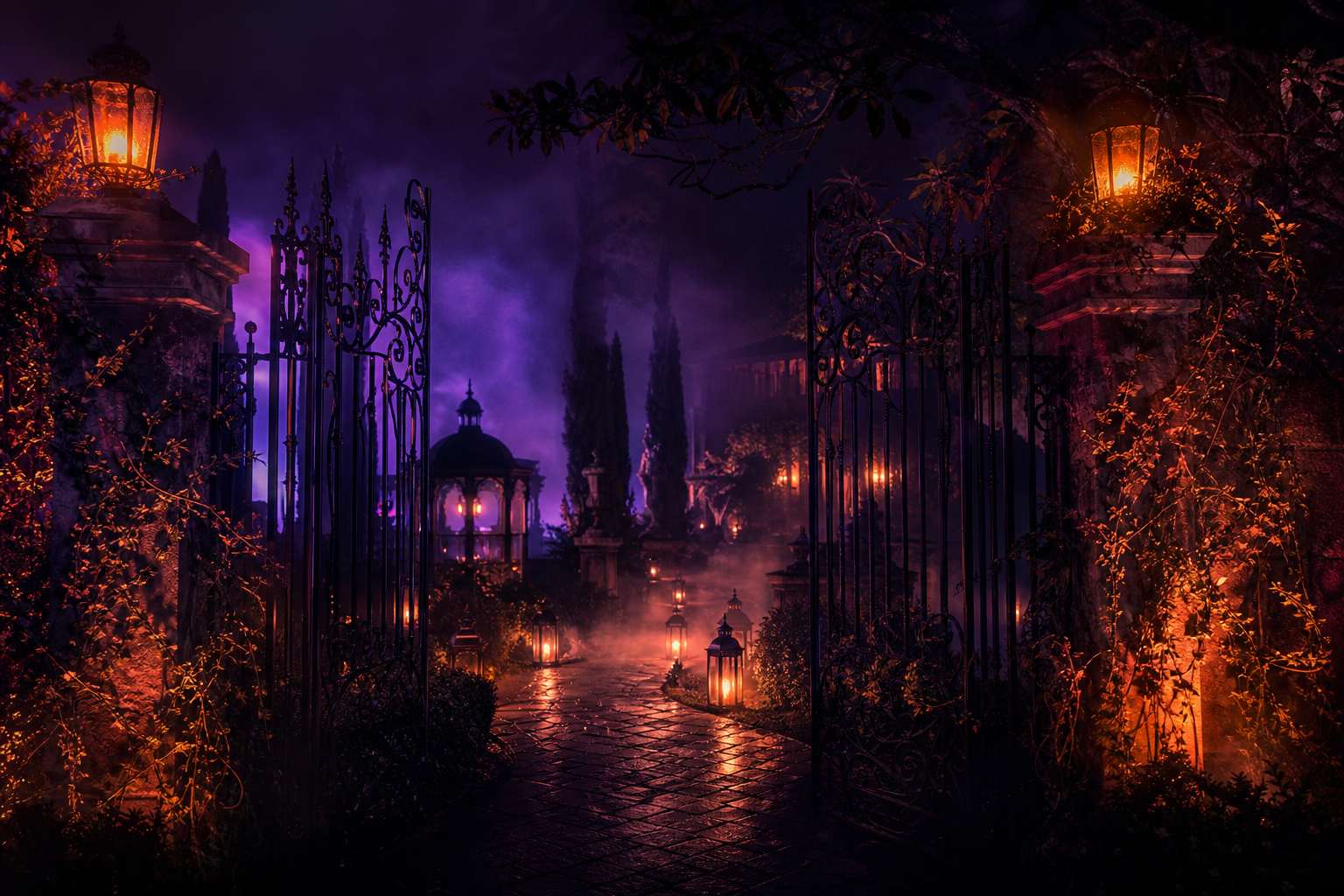 An outdoor garden set with wrought iron gates, drifting fog, and soft lanterns