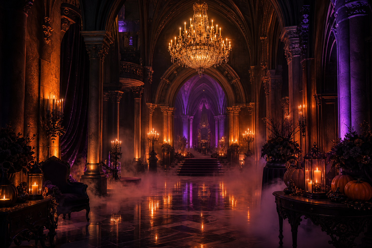 Grand hall drenched in amber light with gothic arches, fog, and a glowing chandelier