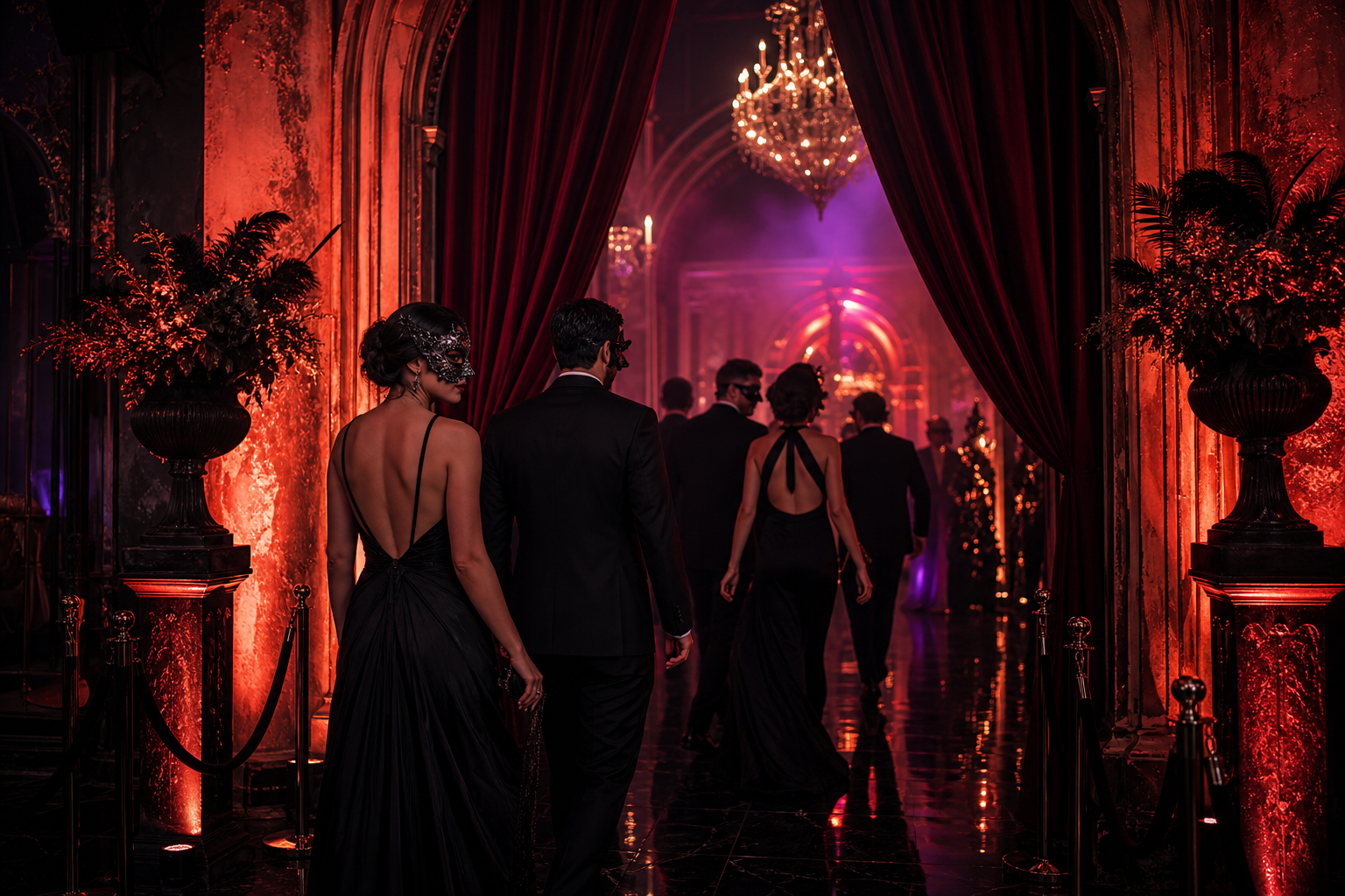 Elegant guests in dark masks entering a crimson-lit foyer with velvet drapes