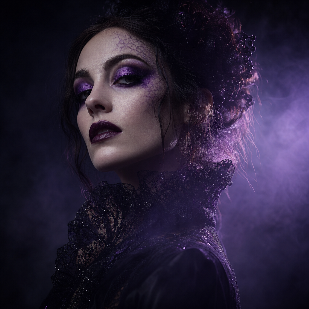 A close portrait of a performer with violet eye makeup and lace collar against dark fog