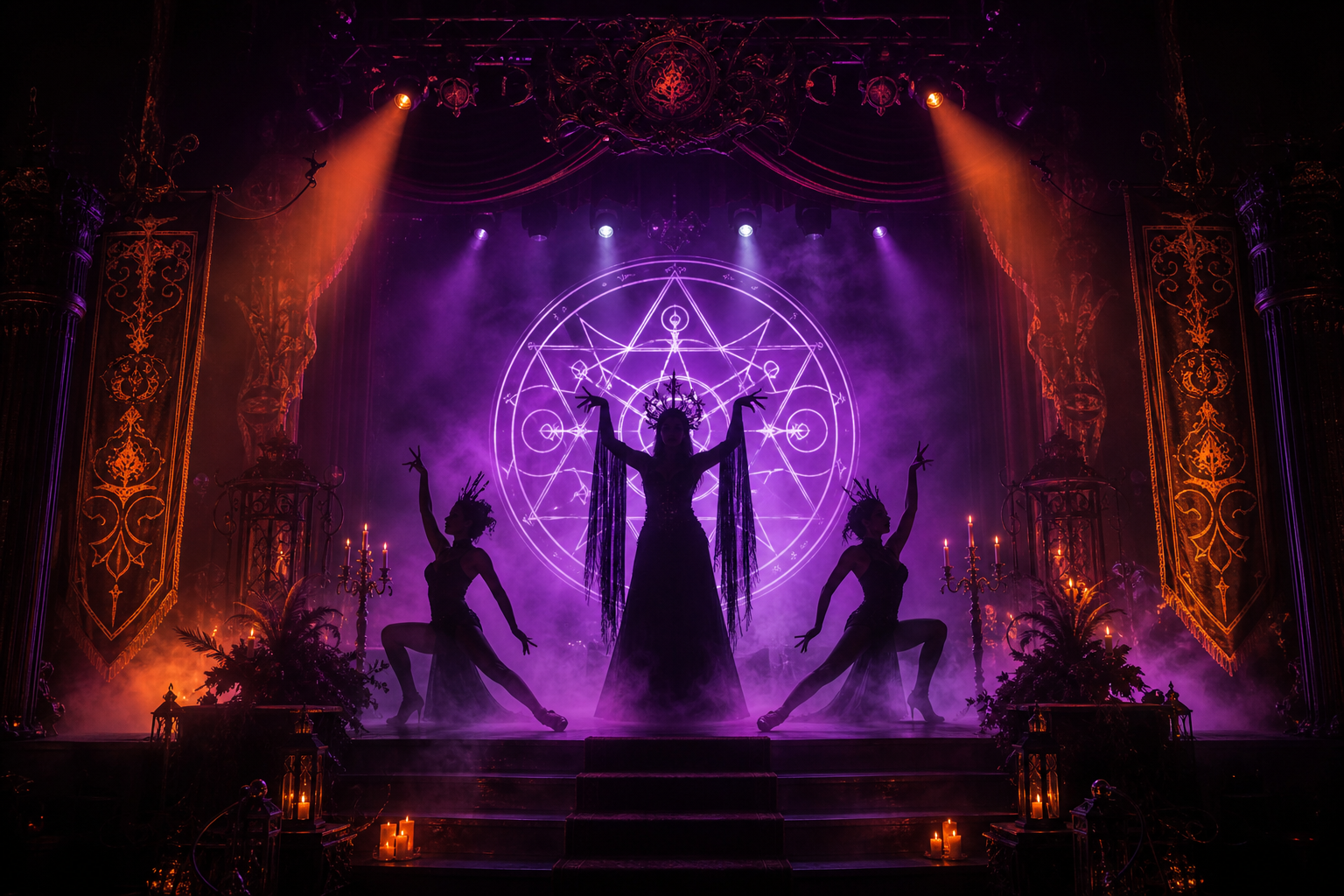 Cinematic stage ritual with violet spotlights, fog, and performers silhouetted against a glowing sigil