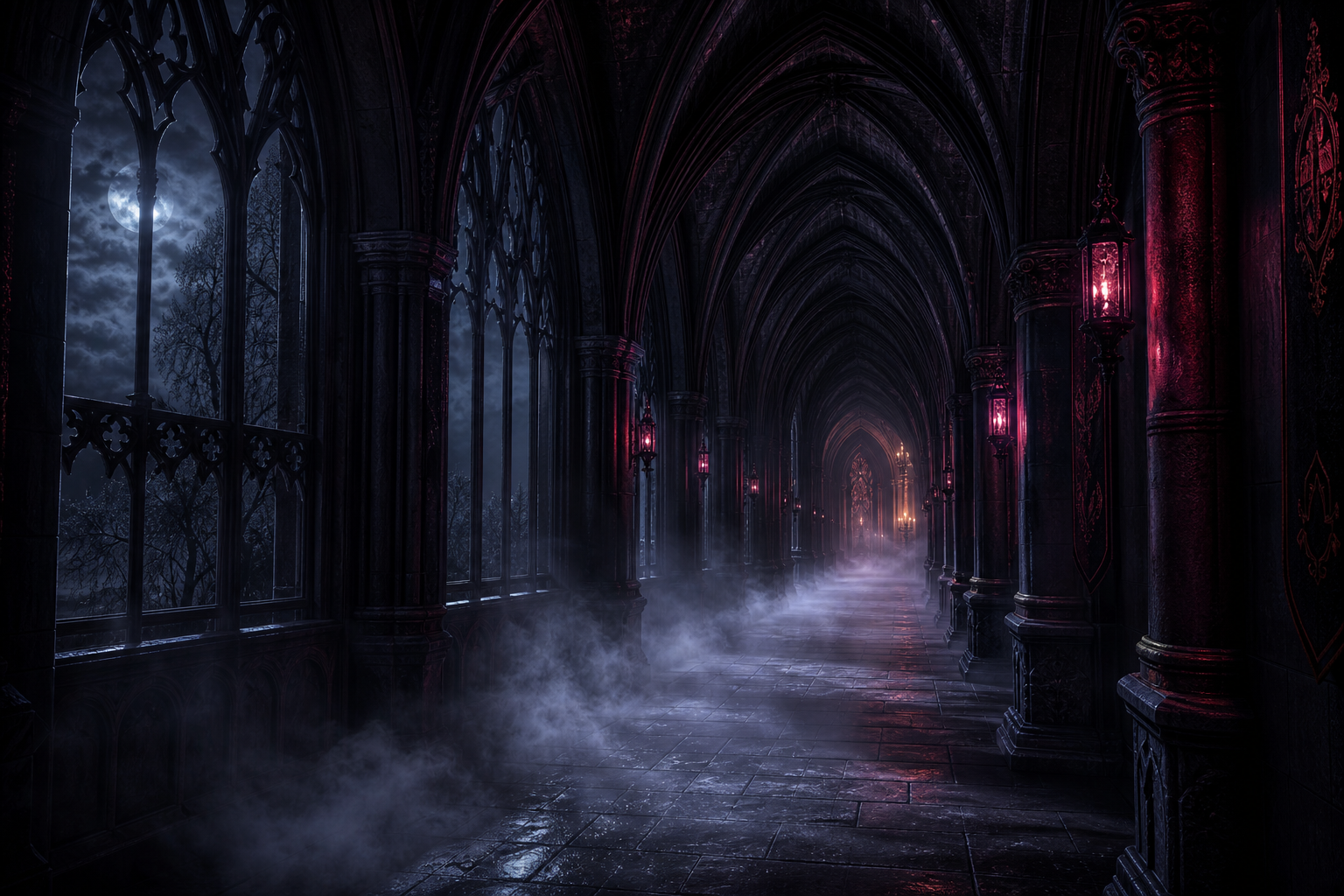 Long gothic corridor with arched windows and drifting fog