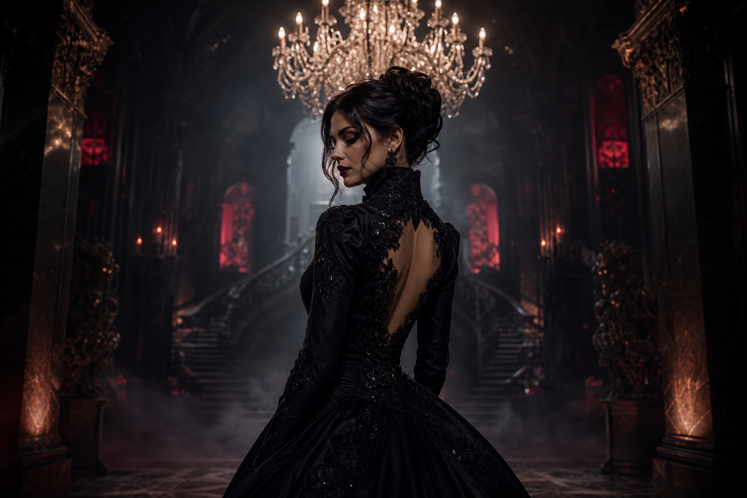 Elegant woman in a high-collared gothic gown standing beneath a chandelier in a shadowed hall