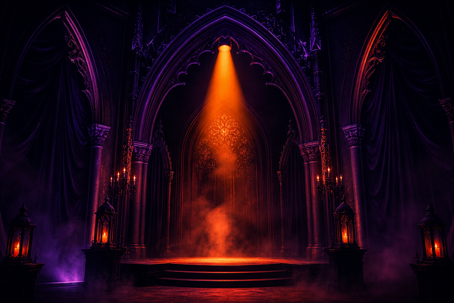 Theatrical stage with gothic arches and orange spotlight