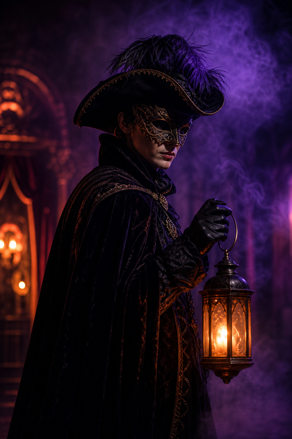 Elegant masked performer in a dark velvet cloak holding a glowing lantern, surrounded by moody fog and violet-orange highlights