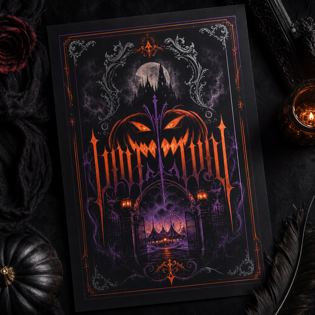 Limited-edition poster with neon orange and violet gothic lettering on black paper