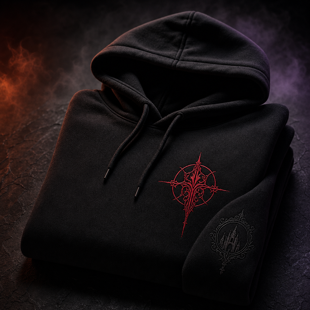 Black premium hoodie with crimson embroidery and subtle gothic emblem