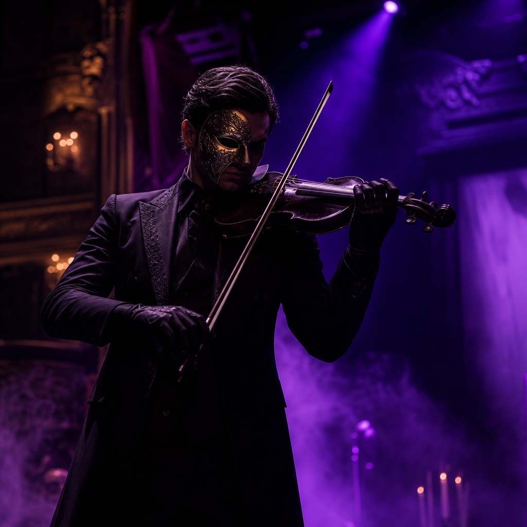 Masked violinist in a tailored suit playing under violet stage light
