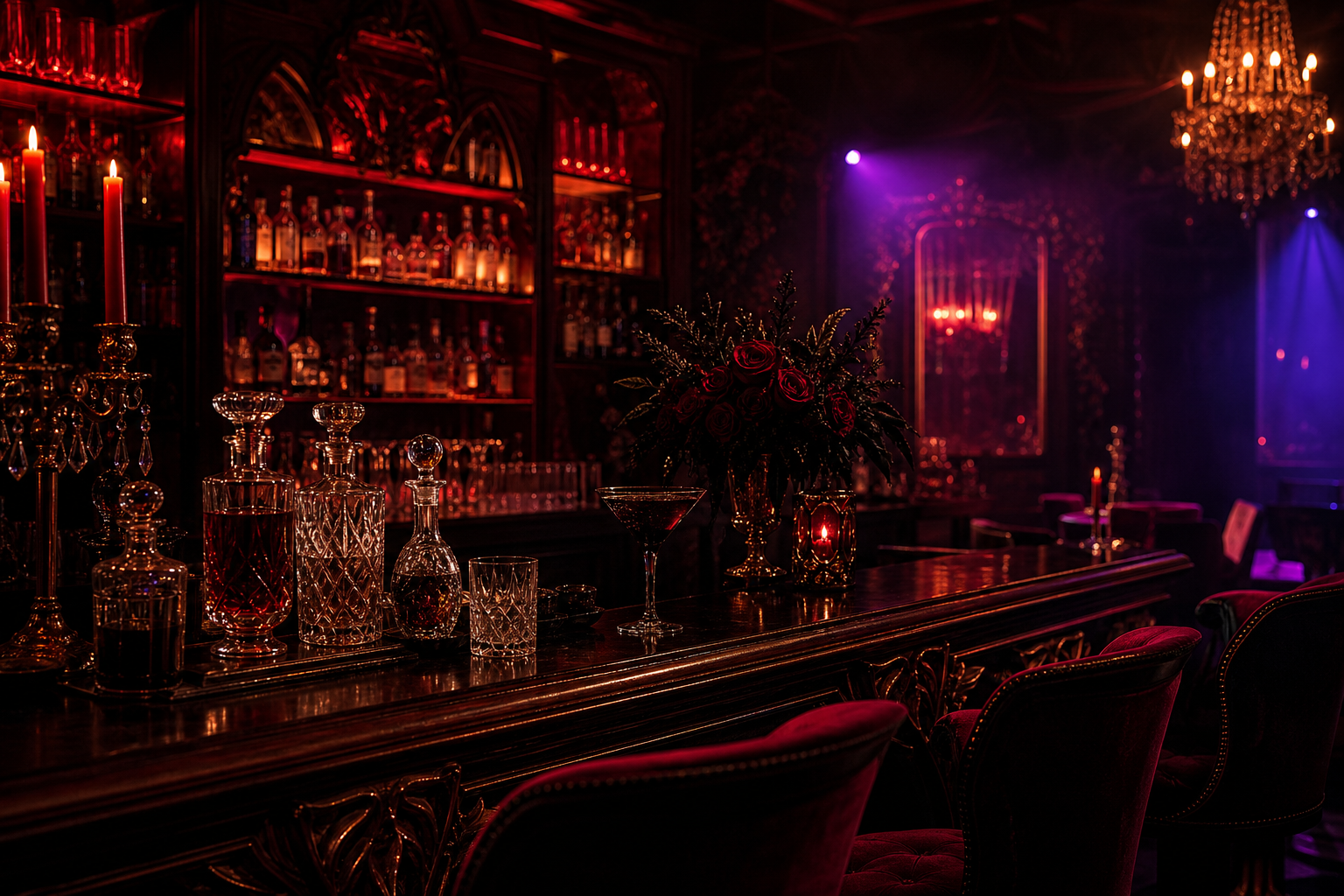 Elegant cocktail bar with crimson lighting and gothic accents