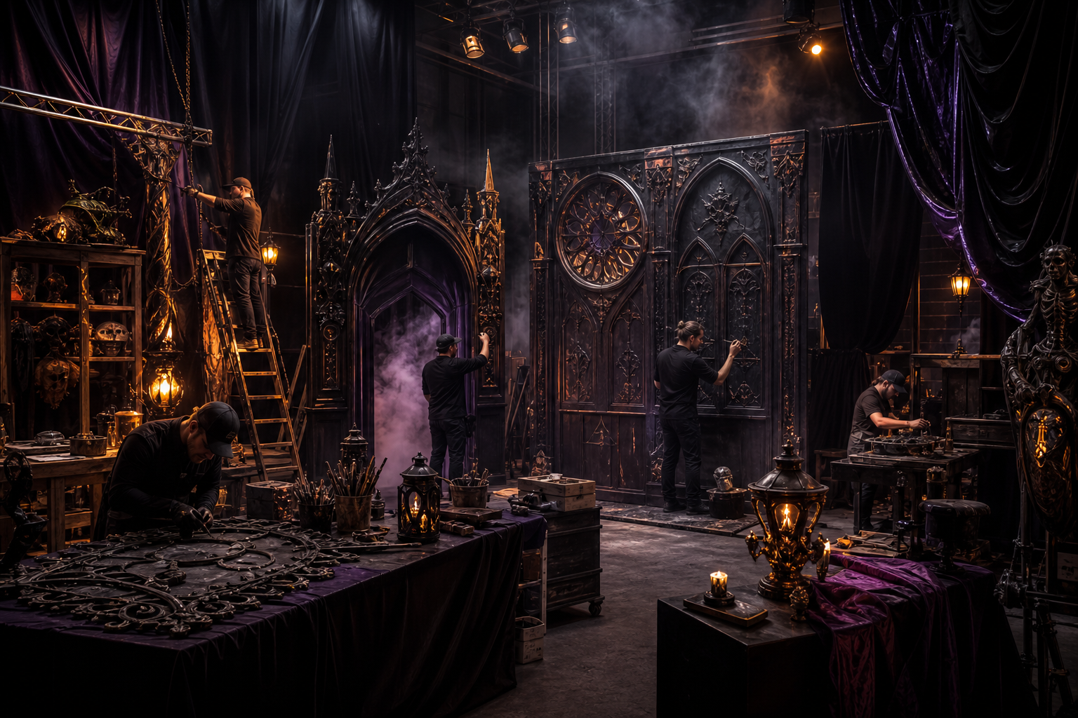 Cinematic workshop scene with artisans building a gothic Halloween set, warm amber work lights, black velvet curtains, and misty atmosphere