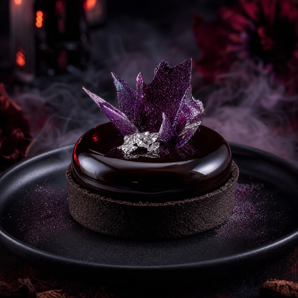 Glossy dark chocolate tart with violet sugar shards on a matte black plate