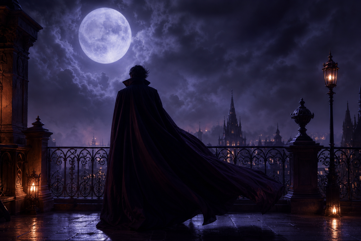 Silhouette of a guest on a rooftop terrace beneath a full moon