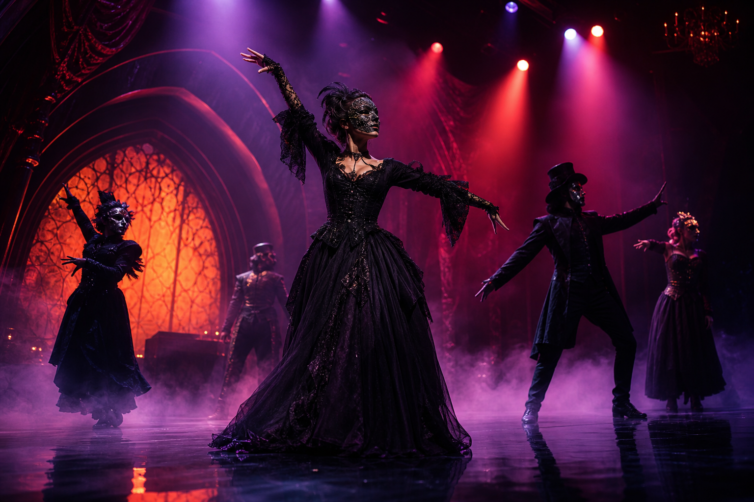Masked performers rehearsing in dramatic violet light with fog drifting across a polished stage