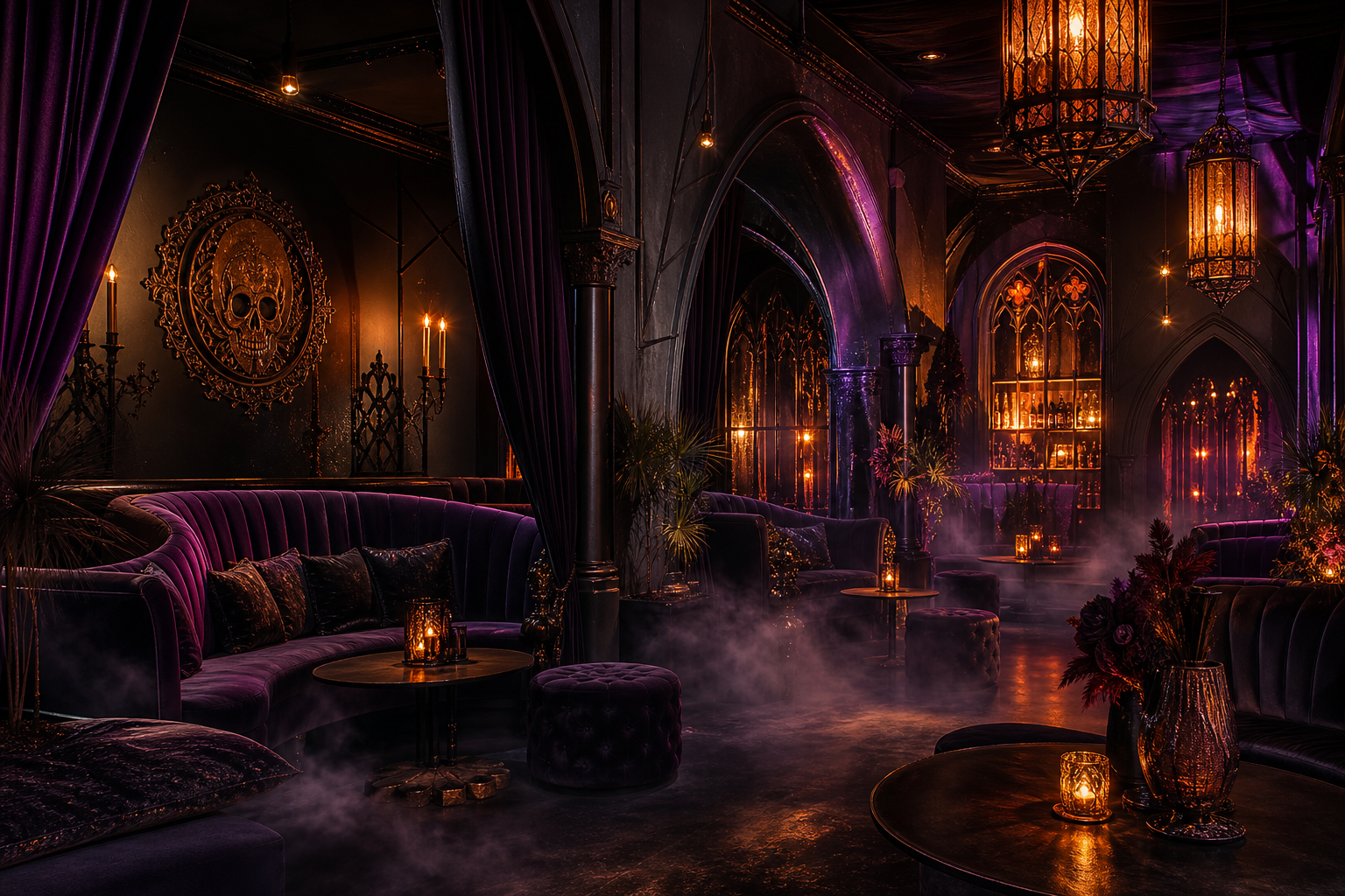 Moody upscale lounge with velvet seating, soft amber lighting, and subtle fog in a gothic interior