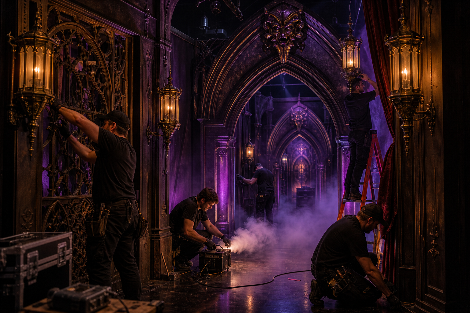 Craftspeople assembling an ornate haunted corridor with fog machines, brass lanterns, and gothic arches