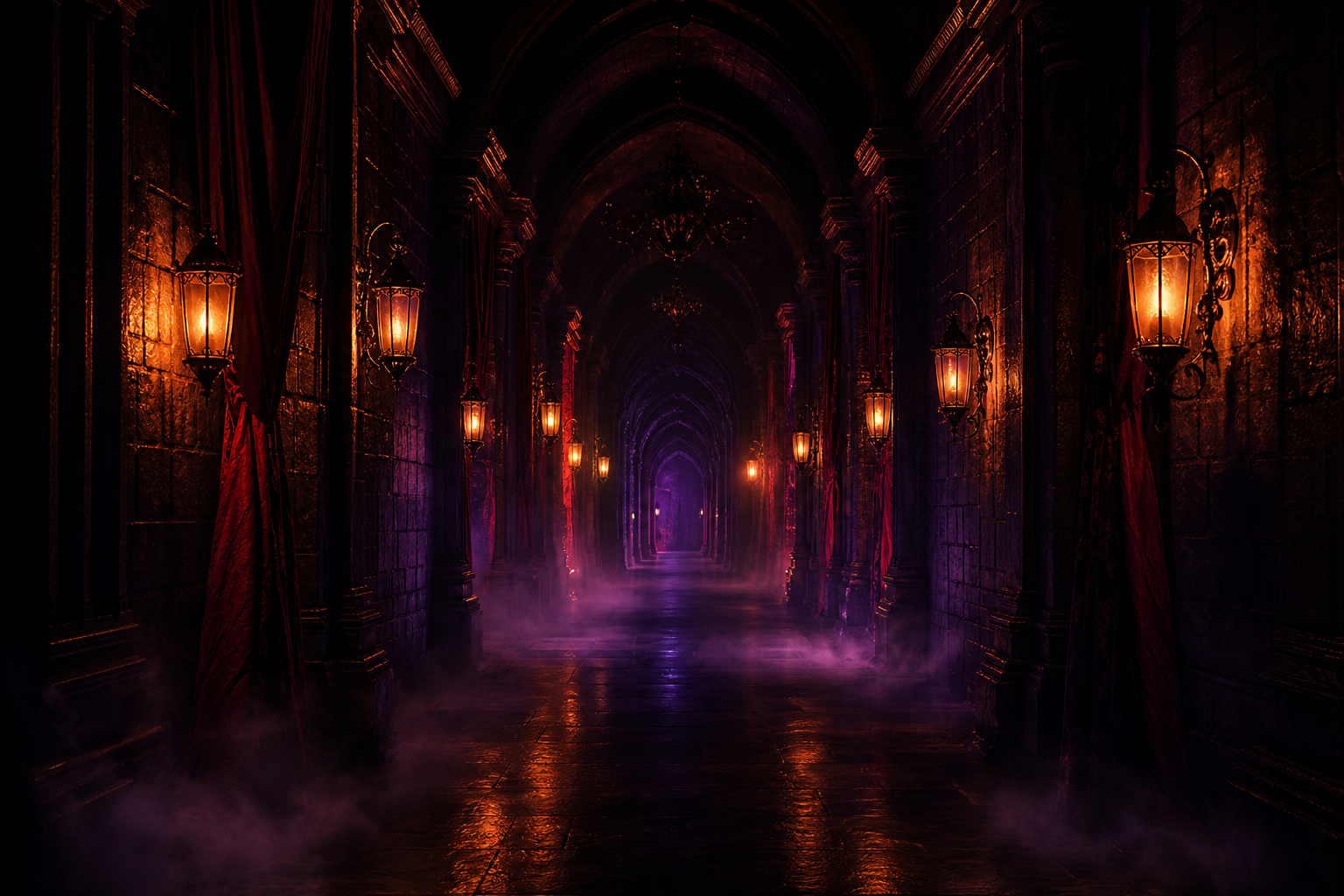 Long shadowy hallway with lanterns and faint fog