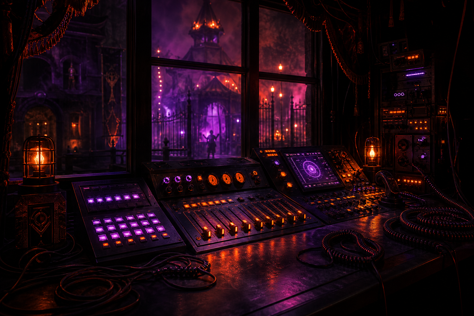 Dark control booth with glowing orange and violet lighting consoles and cables