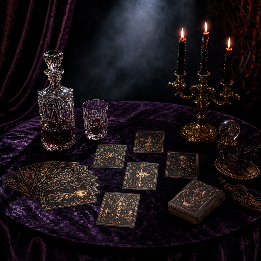 Tarot cards and crystal decanter on a velvet-draped ritual table