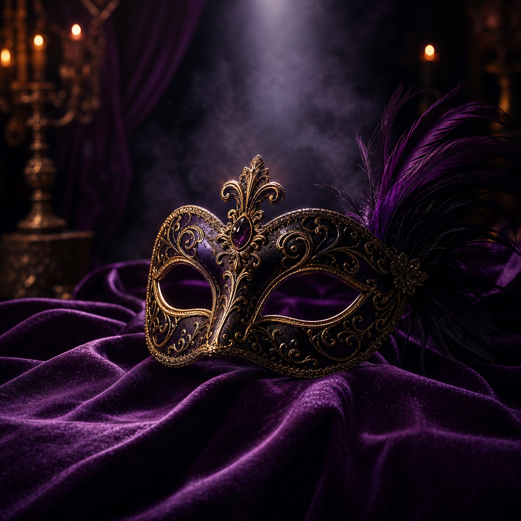 Elegant Halloween mask on deep violet velvet with gold filigree details, moody spotlight and soft fog