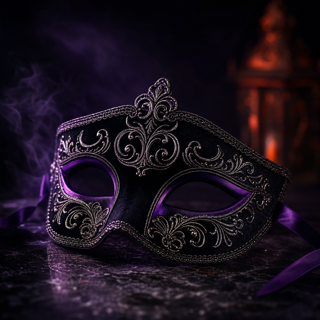 Elegant black velvet mask with silver filigree accents and violet lining