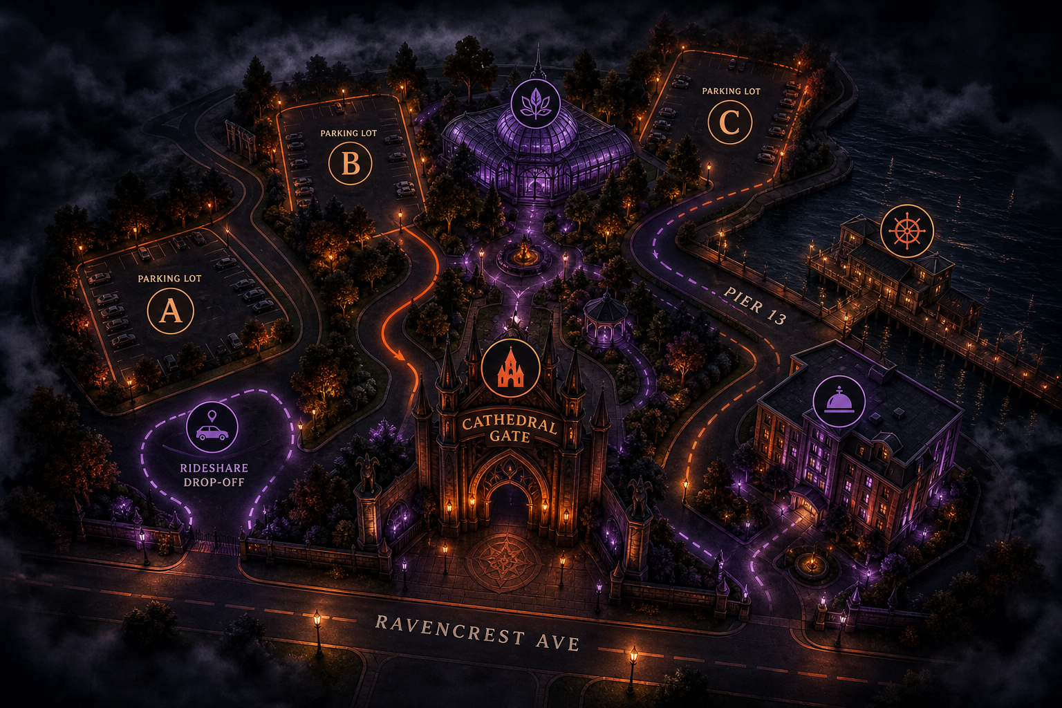 Illustrated nighttime map showing the Cathedral District venue, nearby streets, parking lots, rideshare zone, and key landmarks