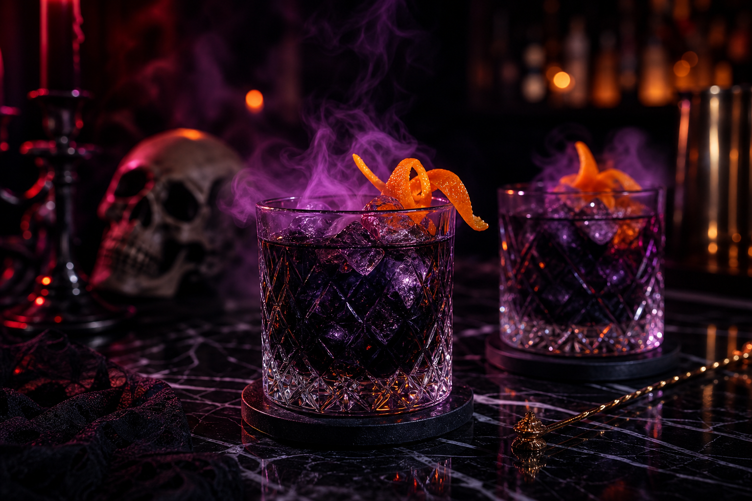 Dark crystal cocktail glasses with orange citrus twists and violet mist on a black bar