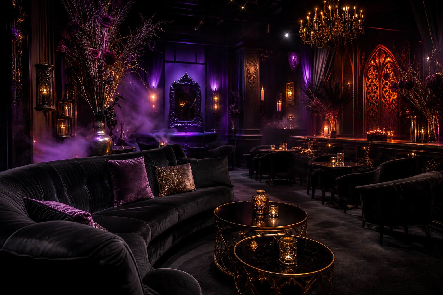 Elegant VIP lounge with velvet seating, candlelit tables, and moody purple lighting