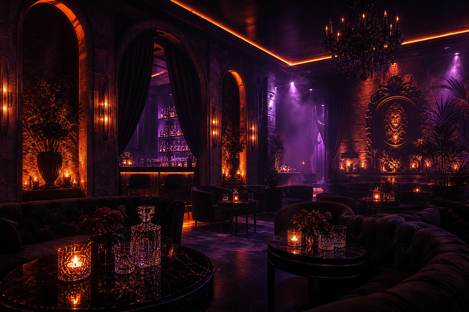 Upscale lounge with candlelit tables, crystal glasses, and electric orange highlights on dark stone walls