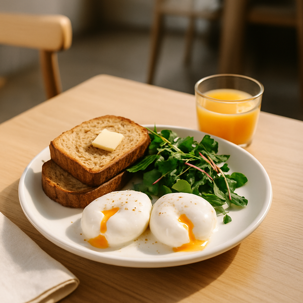 Bright morning breakfast plate with perfectly poached eggs, toasted whole grain bread, fresh microgreens, and a glass of fresh orange juice on a wooden table
