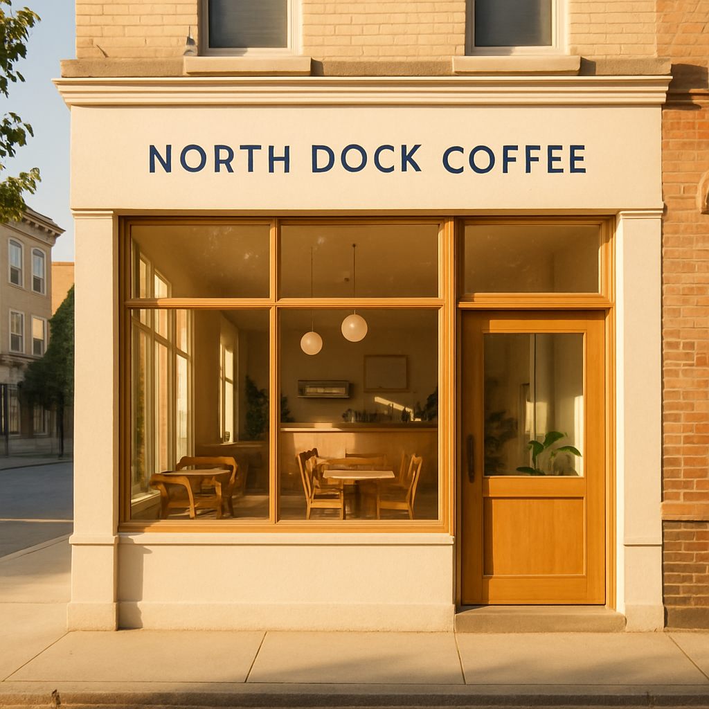 North Dock Coffee storefront with large welcoming windows, wooden door, and neighborhood street with local buildings in bright daylight