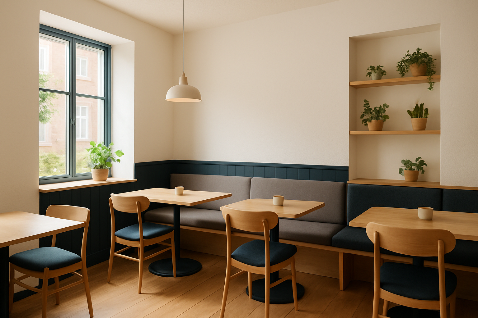 Bright Scandinavian cafe interior with wooden tables, comfortable seating, and natural light streaming through large windows