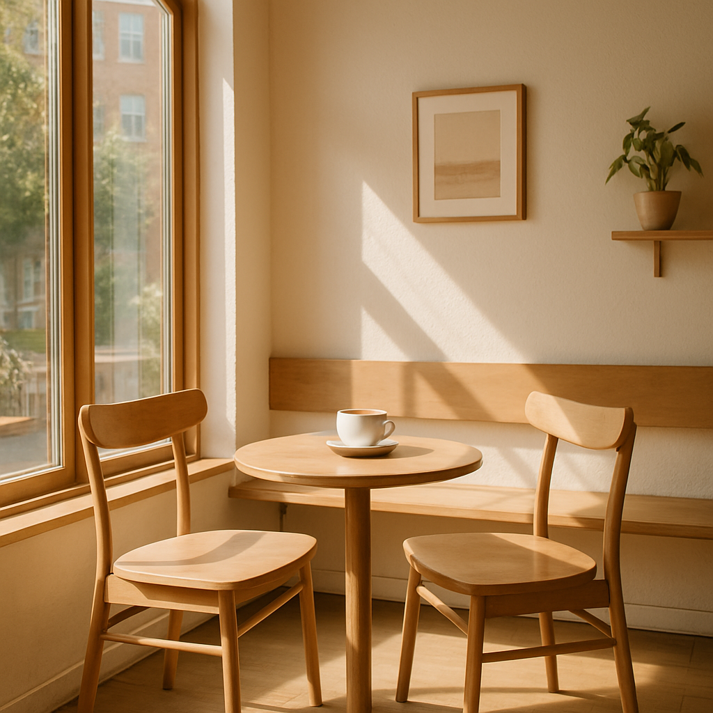 Warm afternoon light streaming through large windows into a cozy cafe corner with wooden chairs and a small table