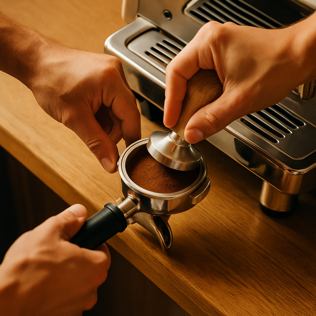 Close-up of barista's hands tamping espresso grounds into a portafilter above a professional espresso machine