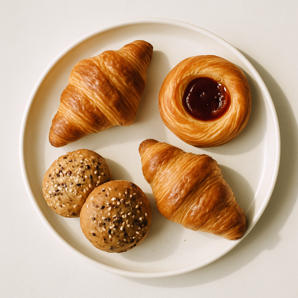 Array of golden-brown freshly baked croissants, Danish pastries, and seeded rolls arranged on a white ceramic plate
