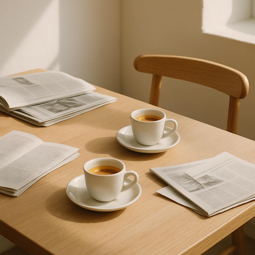 Soft natural light creating warm shadows across a minimalist wooden table with scattered coffee cups and morning newspapers inside the bright cafe