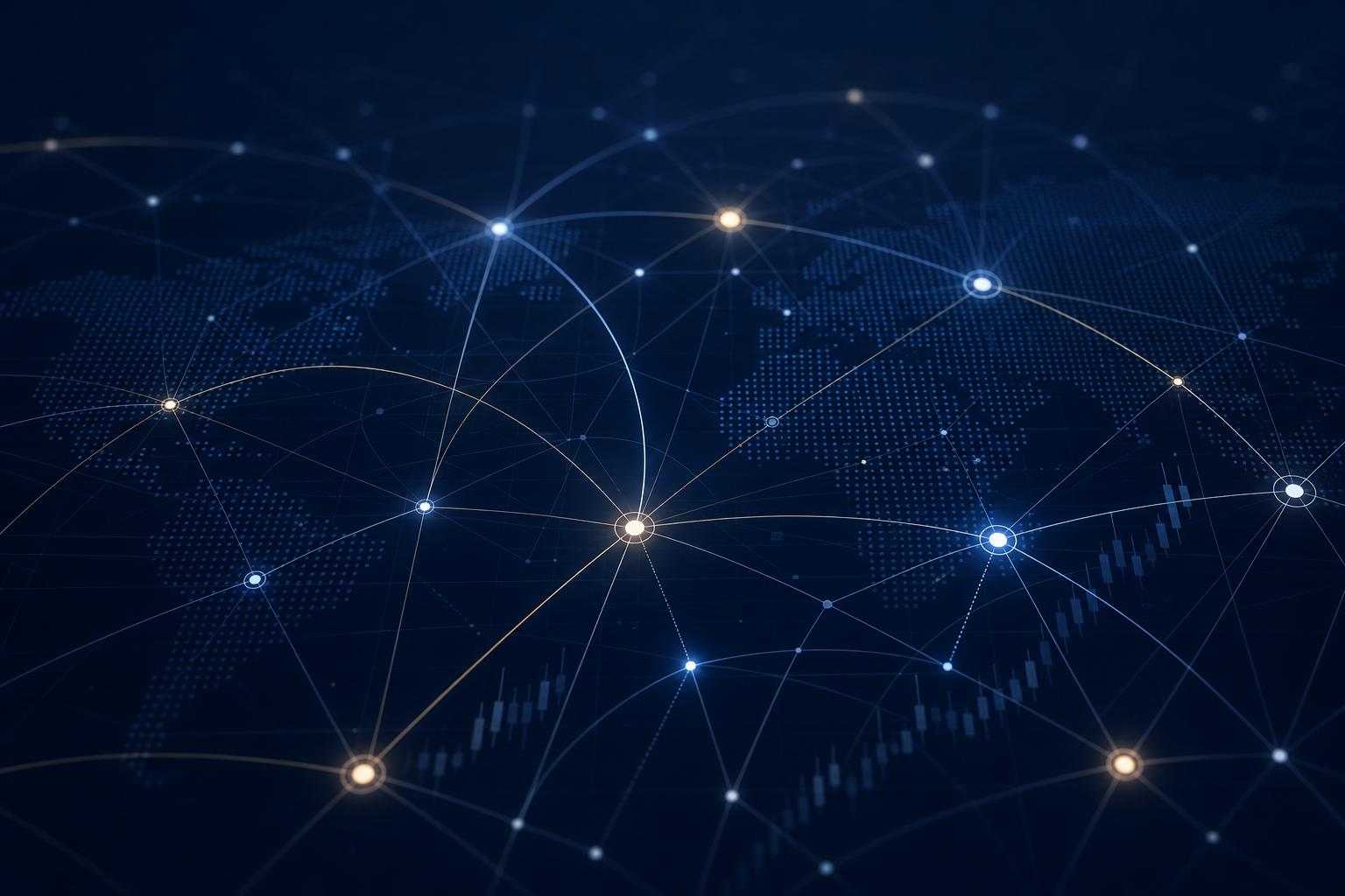 Abstract finance-grade network graphic in deep navy and slate with thin connection lines and refined deal-flow nodes
