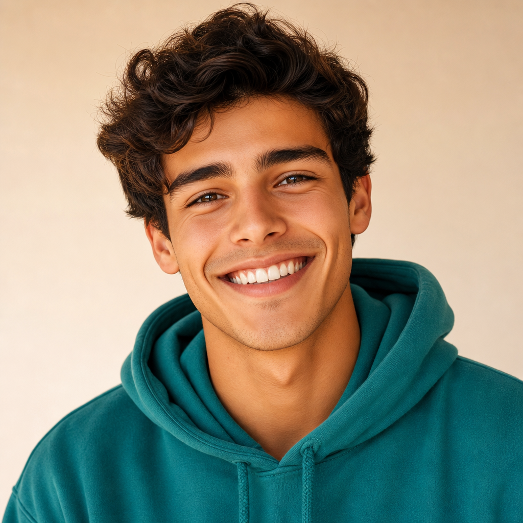 smiling player avatar with teal hoodie and warm studio lighting