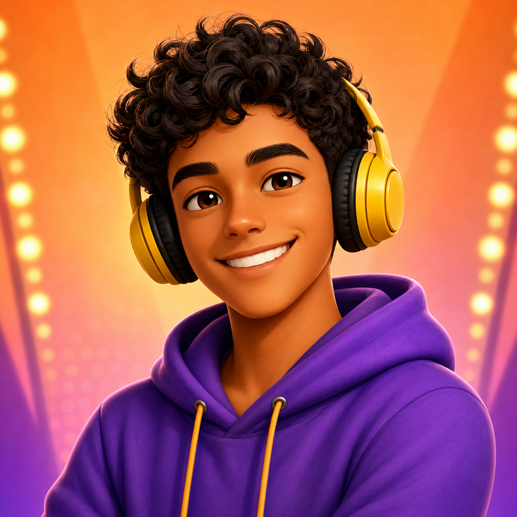Cheerful player avatar with a purple hoodie and bright smile