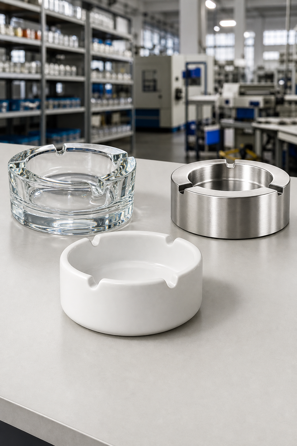 Premium glass, ceramic, and metal ashtrays arranged in a clean industrial product presentation with subtle factory backdrop