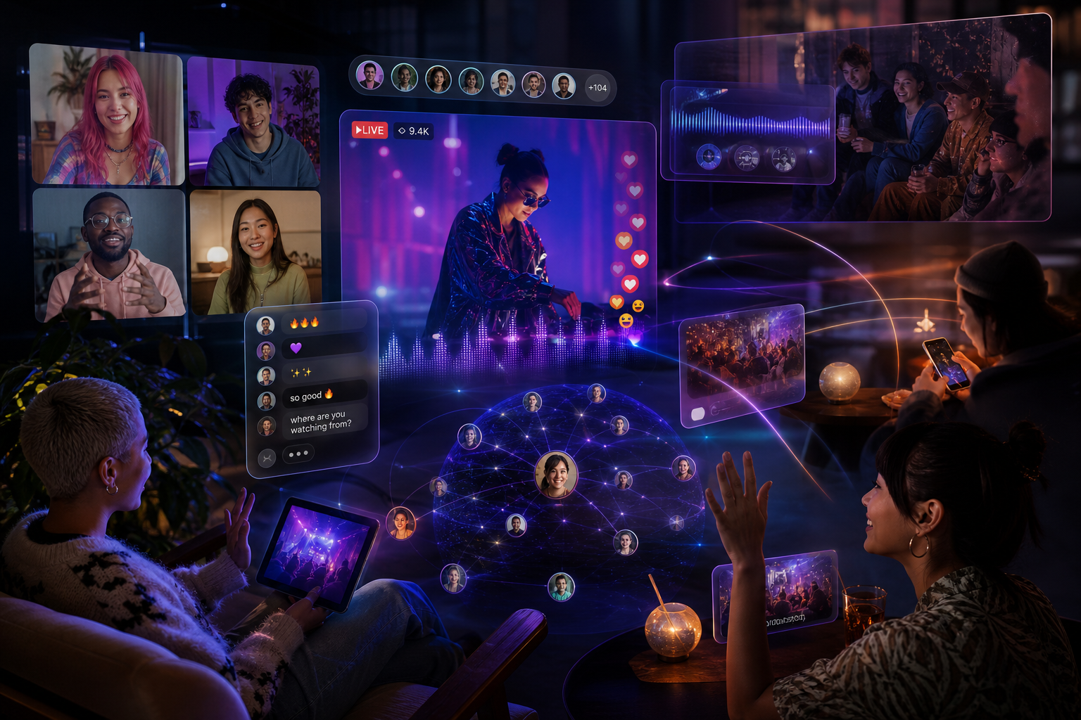 Online community and social ritual visual with group chats, livestream moments, and coordinated digital participation