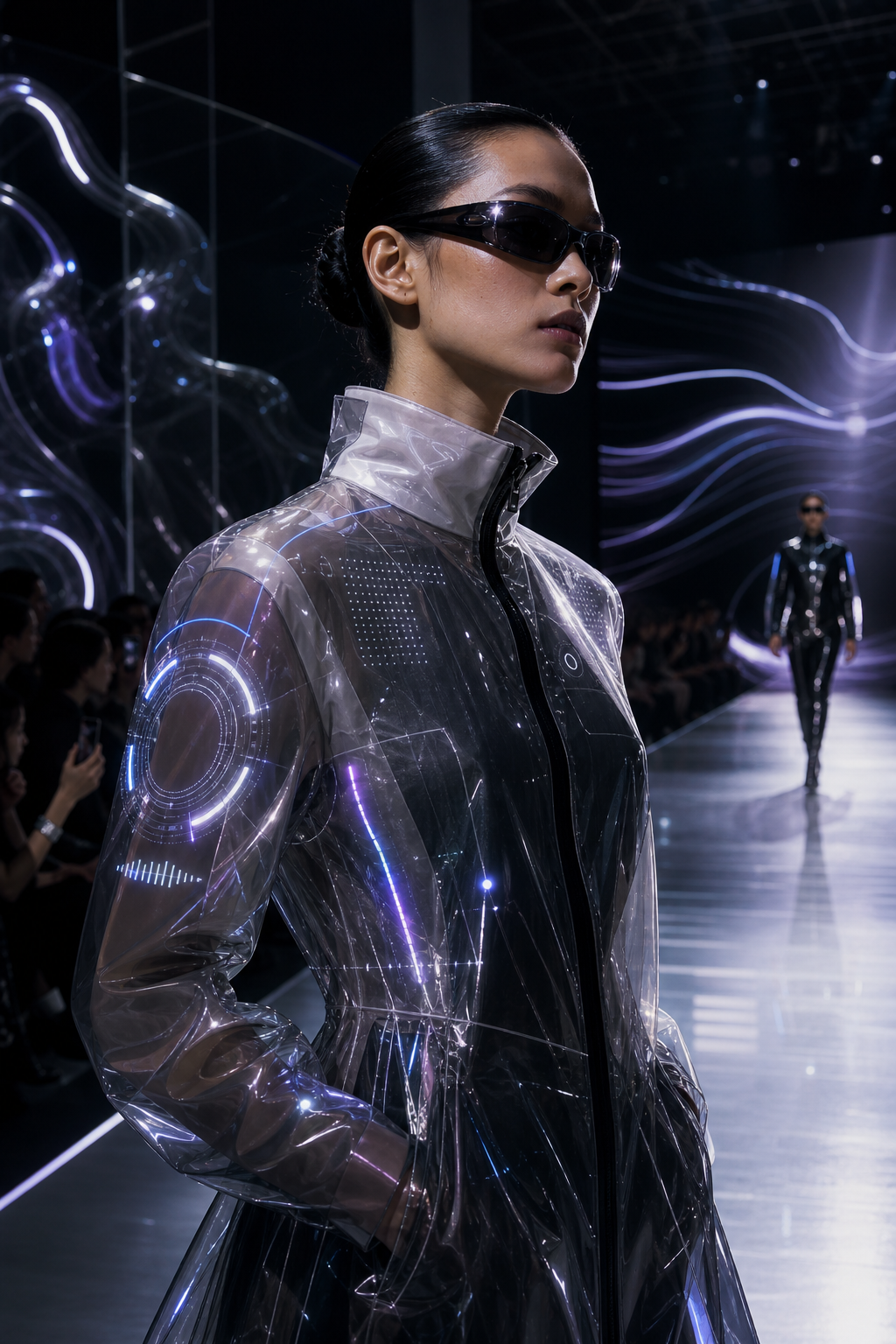Fashion technology editorial visual featuring smart fabrics, wearable interfaces, and neon runway styling
