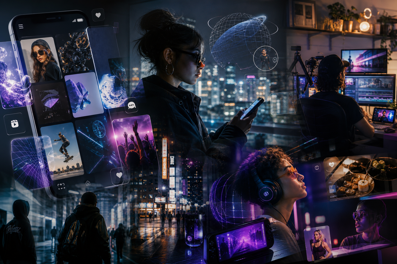 Visually rich digital lifestyle collage with mixed screens, nightlife textures, creator tools, and futuristic city glow