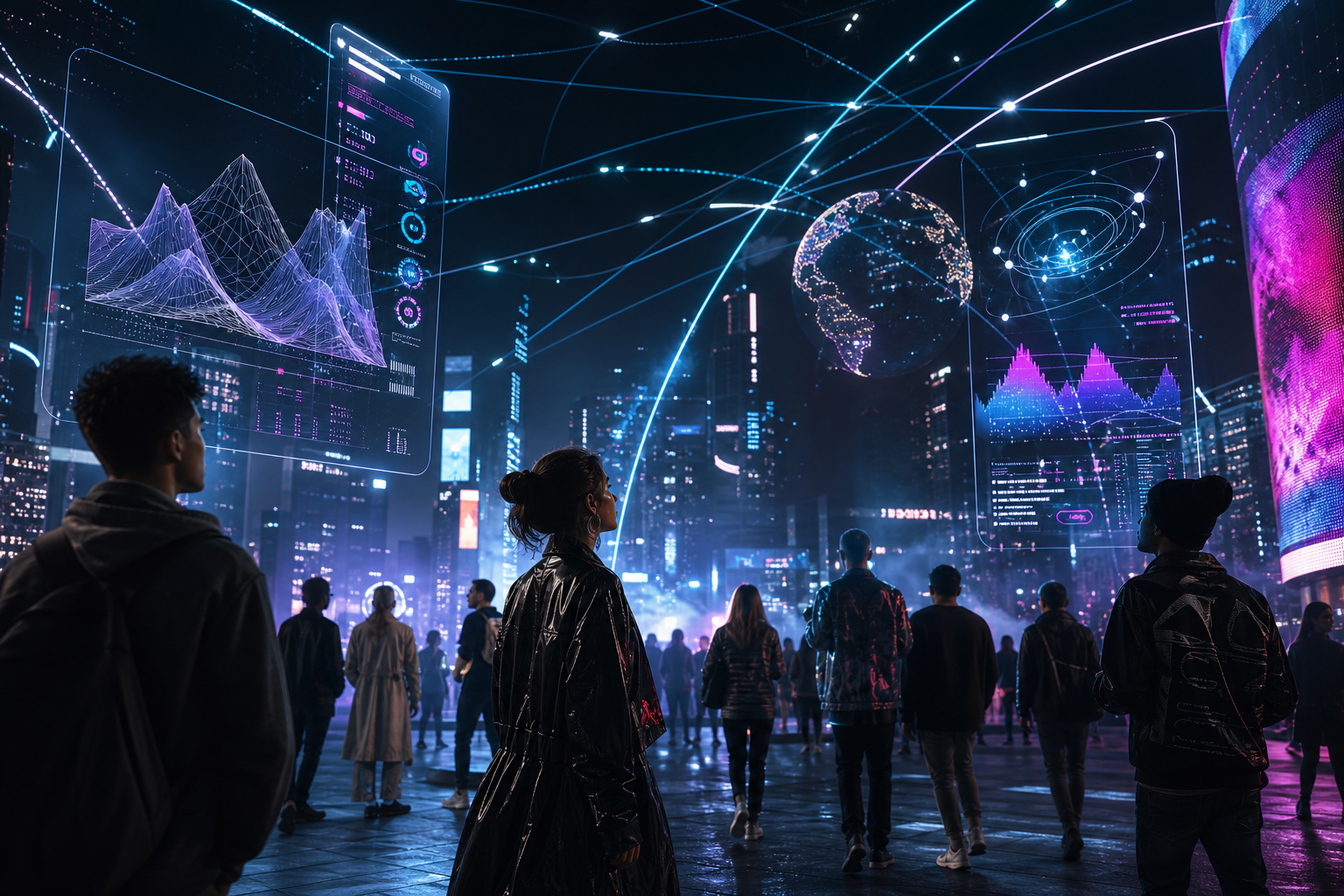 Cinematic future-tech editorial scene with holographic interfaces, urban digital culture, and luminous emerging-system signals