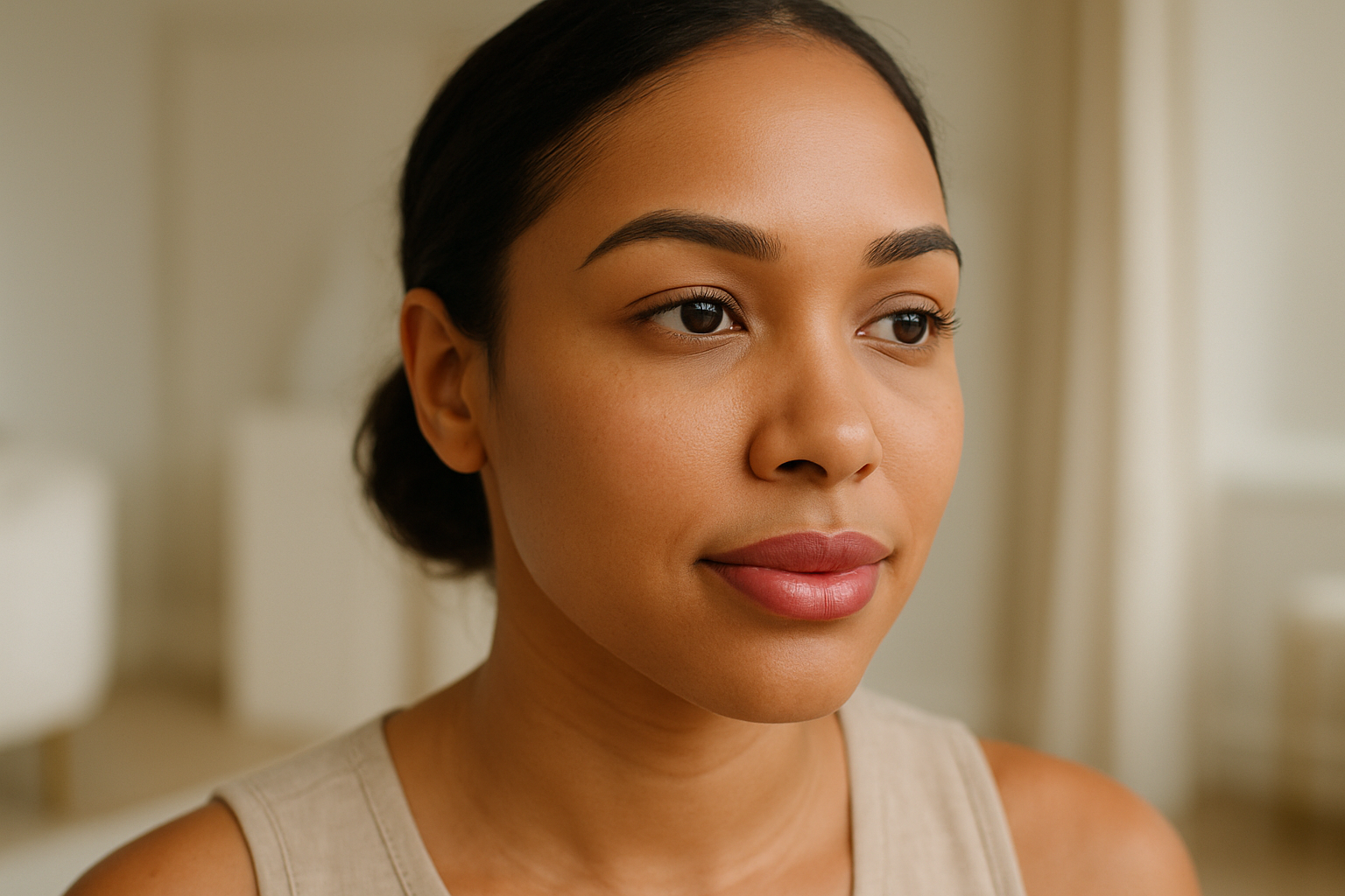 Clean studio portrait highlighting lip blush enhancement with soft rosy tone and smooth natural contour