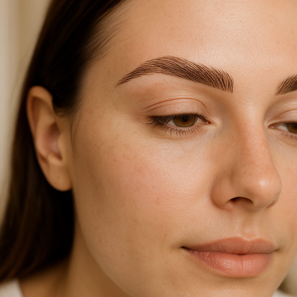 Natural-light close-up of microblading results with crisp handcrafted strokes framing the brow line