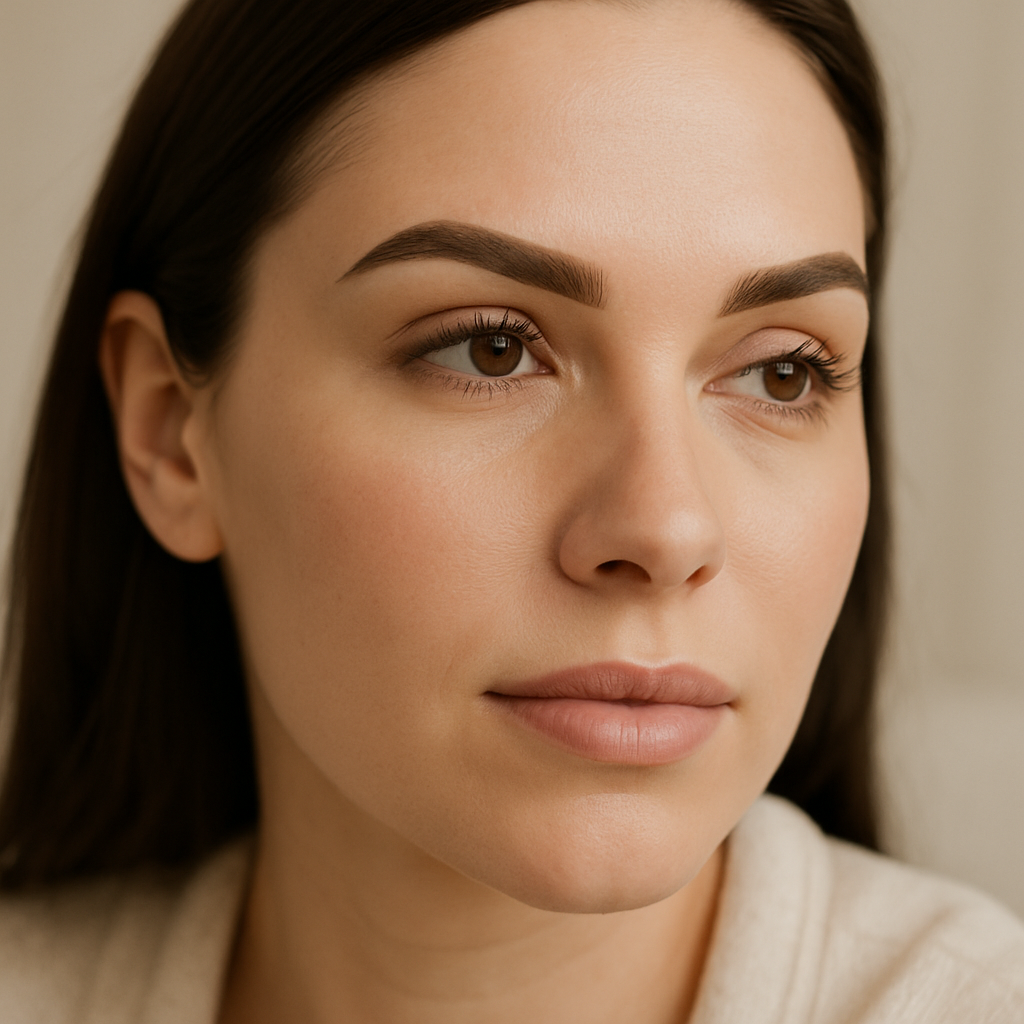 Beauty portrait in a private suite showing softly shaded powder brows with smooth gradient depth