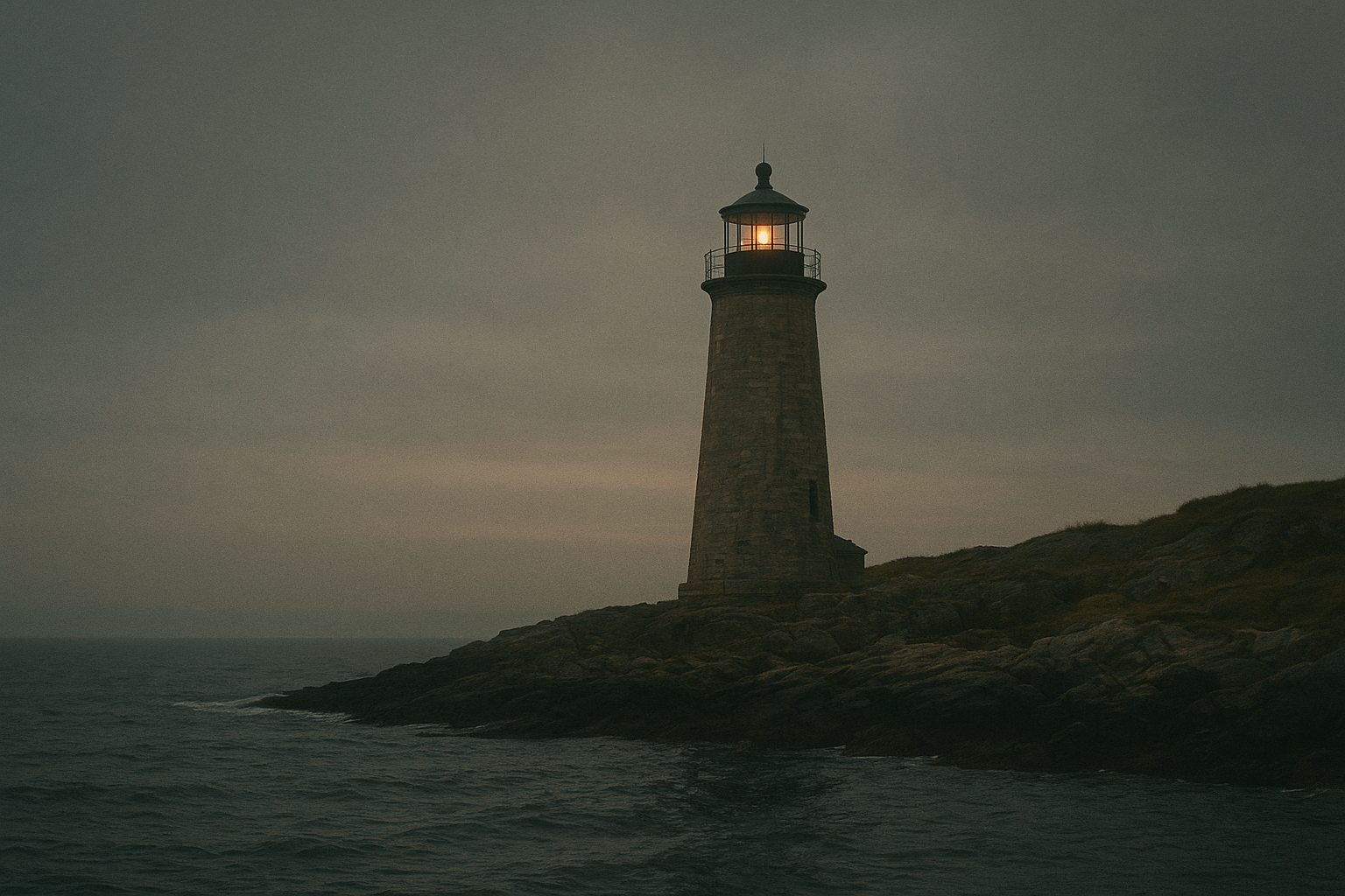 Weathered stone lighthouse on a northern coast at dusk with sea haze, warm film-photography tones, subtle grain, and historically grounded realism