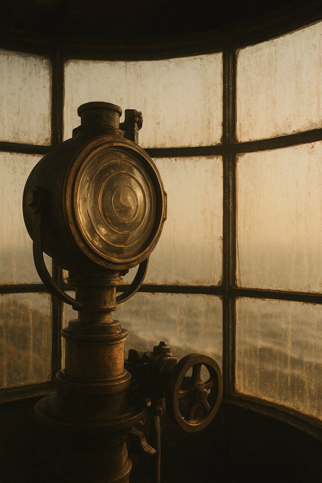 Warm-toned archival photograph of a lighthouse lantern room interior with brass fittings, weathered glass, and soft coastal light